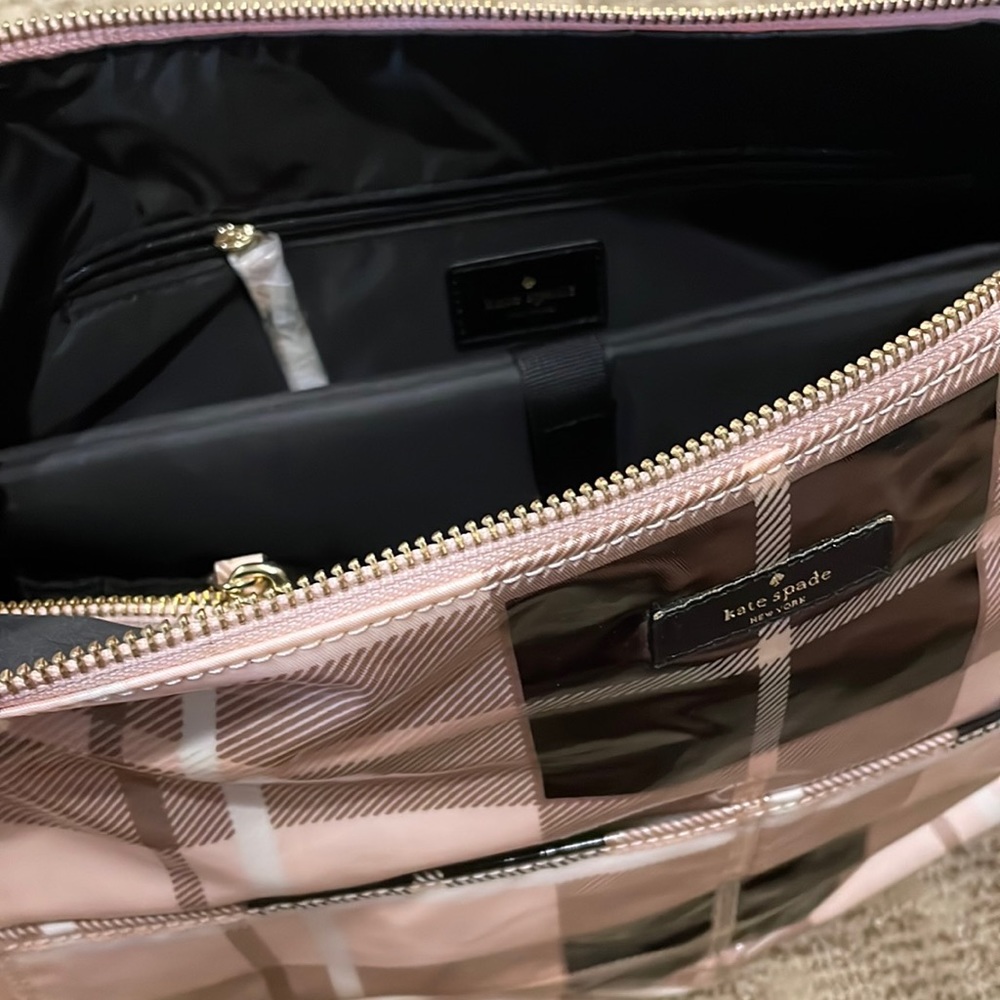 NWT KateSpade pink, black,white, creame plaid diaper bag. Changing pad included.
